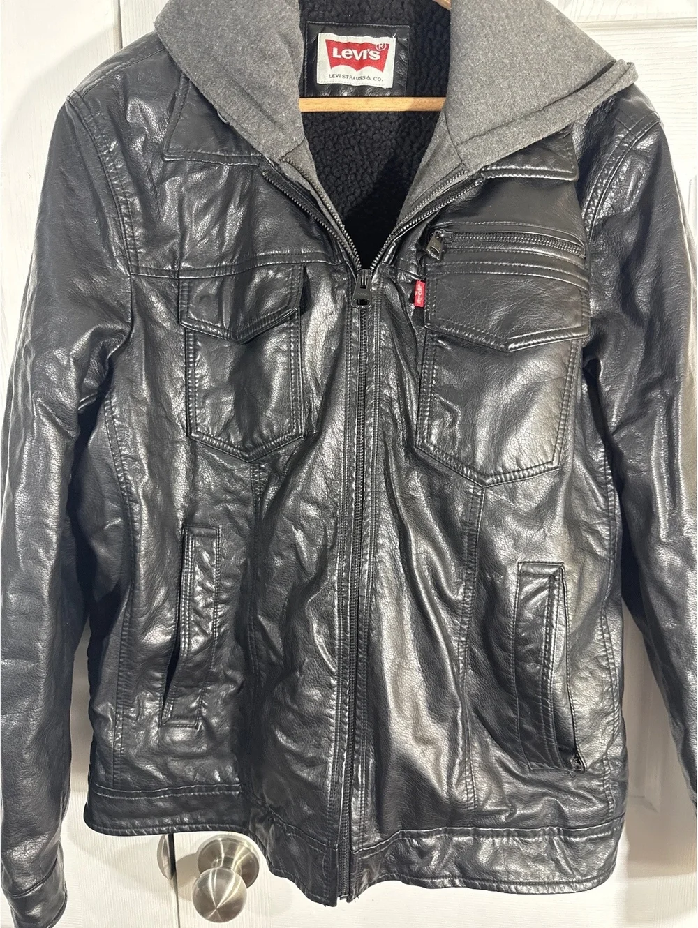 Levi's Black Faux Leather Jacket with Hooded Inner Layer